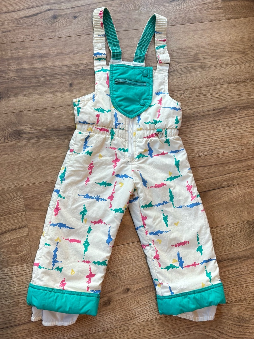 Vintage Sport Obermeyer Kids Ski Bibs Overalls ‘90s White Neon Print Size 4T